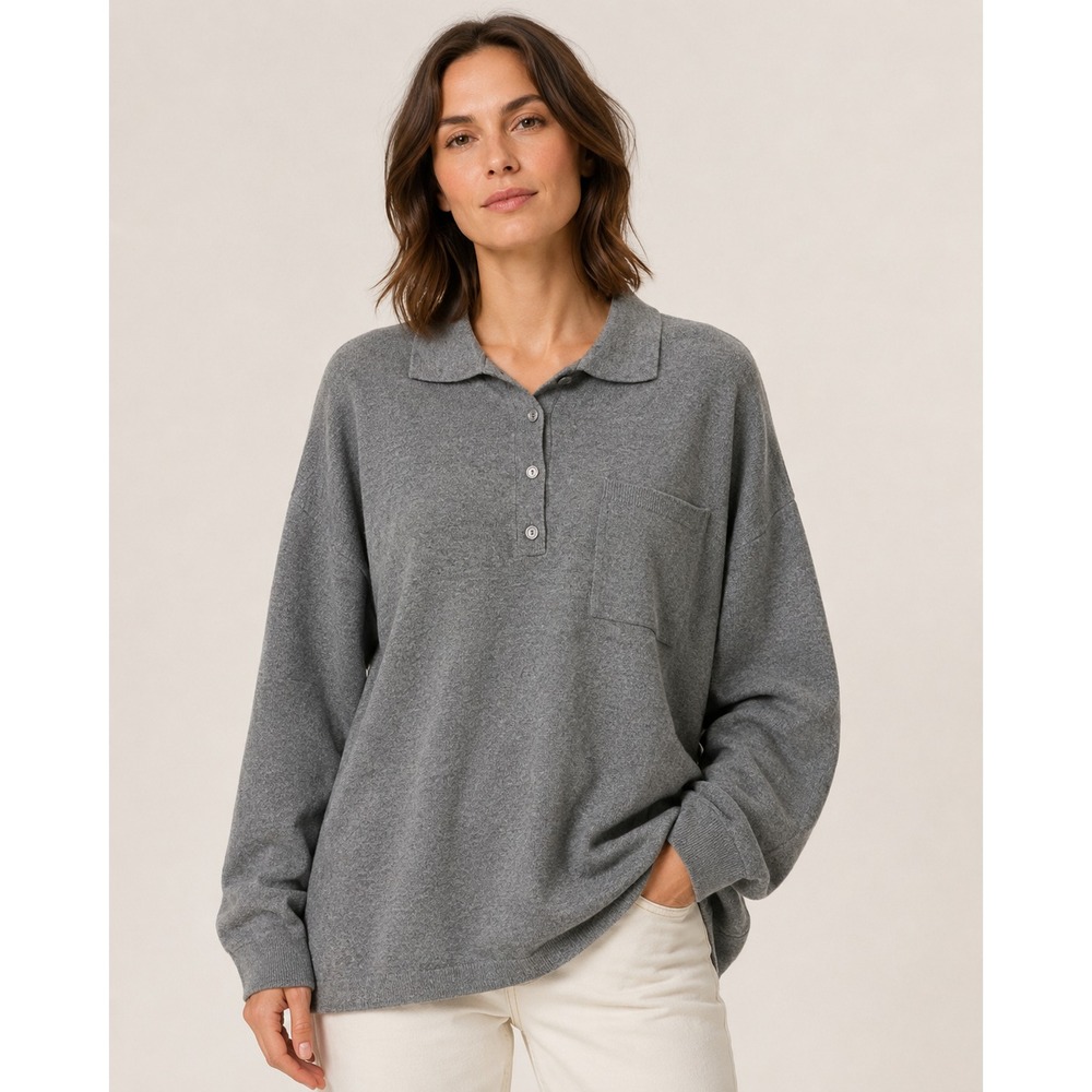 RD Style Polo Sweater Women Small Grey Oversized Long Sleeve Knit Quiet Luxury